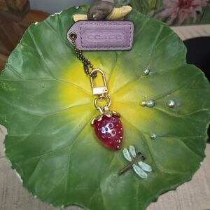 Coach Purple & Brown Suede/Leather HangTag with Strawberry Charm, EUC